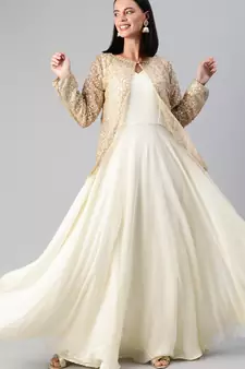 Off-White Sequins Georgette Stitched Sequins_Work Party-Wear-Gowns