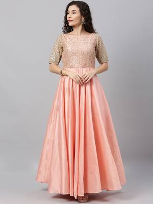 Peach Sequins Taffeta Stitched Sequins_Work Party-Wear-Gowns 1