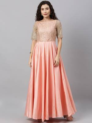 Peach Sequins Taffeta Stitched Sequins_Work Party-Wear-Gowns 3