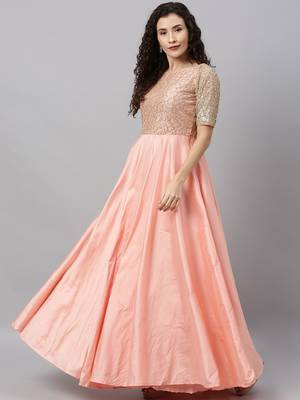 Peach Sequins Taffeta Stitched Sequins_Work Party-Wear-Gowns 4