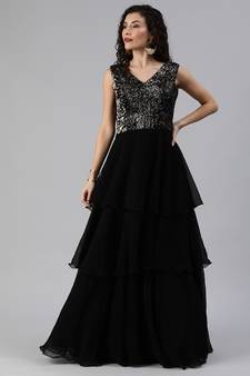 Black Sequins Georgette Stitched Sequins_Work Party-Wear-Gowns