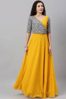 Yellow Hand_Embroidery Georgette Stitched Dori_Embroidery Party-Wear-Gowns
