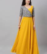 Yellow Hand_Embroidery Georgette Stitched Dori_Embroidery Party-Wear-Gowns