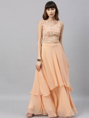 Peach Embroidered Georgette Stitched Dori_Embroidery Party-Wear-Gowns 1