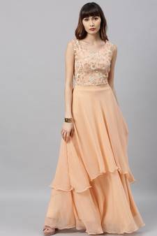 Peach Embroidered Georgette Stitched Dori_Embroidery Party-Wear-Gowns