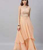 Peach Embroidered Georgette Stitched Dori_Embroidery Party-Wear-Gowns