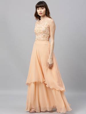 Peach Embroidered Georgette Stitched Dori_Embroidery Party-Wear-Gowns 3