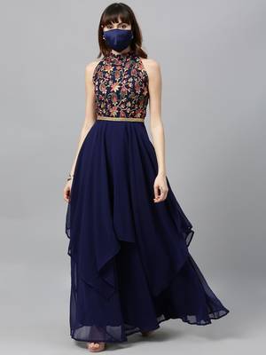 Navy-Blue Embroidered Georgette Stitched Dori_Embroidery Party-Wear-Gowns 1