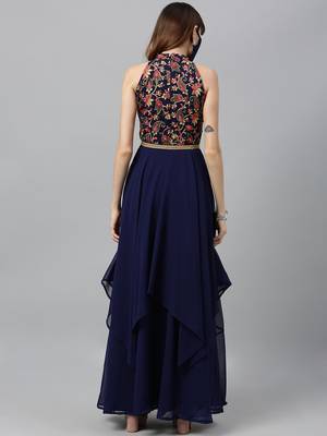 Navy-Blue Embroidered Georgette Stitched Dori_Embroidery Party-Wear-Gowns 2