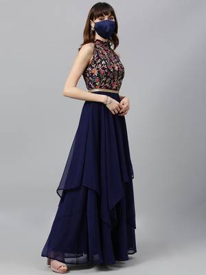 Navy-Blue Embroidered Georgette Stitched Dori_Embroidery Party-Wear-Gowns 4