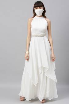 White Embroidered Georgette Stitched Dori_Embroidery Party-Wear-Gowns