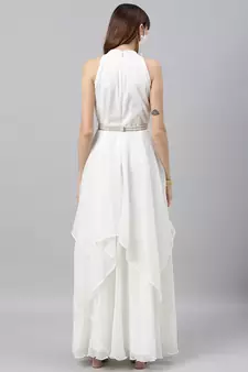 White Embroidered Georgette Stitched Dori_Embroidery Party-Wear-Gowns