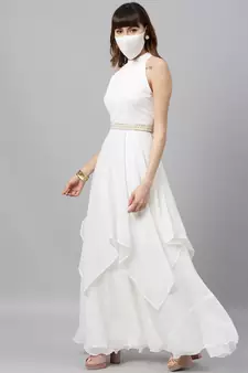 White Embroidered Georgette Stitched Dori_Embroidery Party-Wear-Gowns