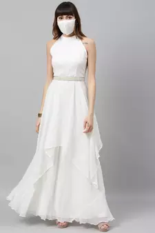 White Embroidered Georgette Stitched Dori_Embroidery Party-Wear-Gowns