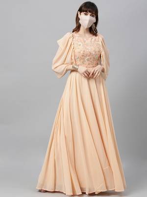Peach Embroidered Georgette Stitched Dori_Embroidery Party-Wear-Gowns 1