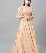 Peach Embroidered Georgette Stitched Dori_Embroidery Party-Wear-Gowns