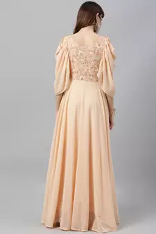 Peach Embroidered Georgette Stitched Dori_Embroidery Party-Wear-Gowns
