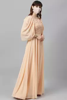 Peach Embroidered Georgette Stitched Dori_Embroidery Party-Wear-Gowns