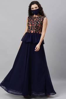 Blue Georgette Embroidered Dori Work Gown with Matching Mask