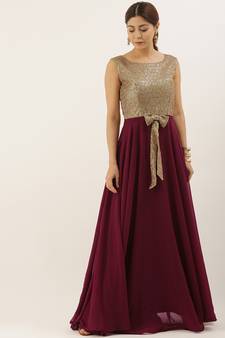 Burgundy Sequins Georgette Stitched Sequins_Work Party-Wear-Gowns
