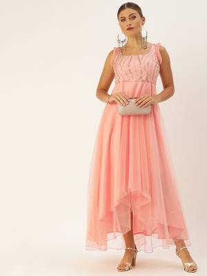 Peach Sequins Net Stitched Sequins_Work Party-Wear-Gowns 1