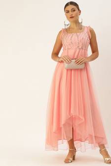 Peach Sequins Net Stitched Sequins_Work Party-Wear-Gowns