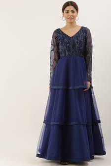 Blue Embroidered Net Stitched Dori_Embroidery Party-Wear-Gowns