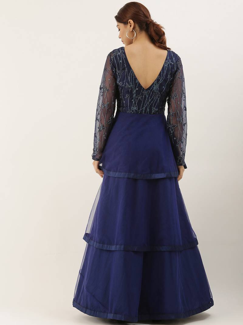 Blue Embroidered Net Stitched Dori_Embroidery Party-Wear-Gowns