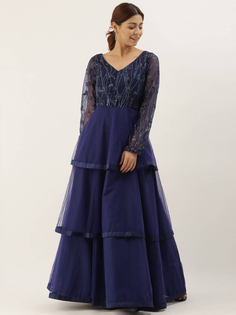 Blue Embroidered Net Stitched Dori_Embroidery Party-Wear-Gowns