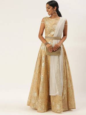 Beige Plain Cotton Stitched Weaving_Print Party-Wear-Gowns 1