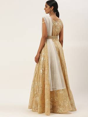 Beige Plain Cotton Stitched Weaving_Print Party-Wear-Gowns 2