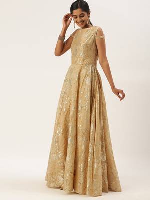 Beige Plain Cotton Stitched Weaving_Print Party-Wear-Gowns 3