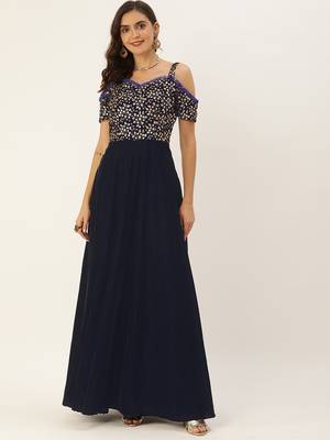Navy-Blue Sequins Velvet Stitched Sequins_Work Party-Wear-Gowns 1