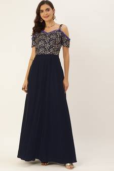 Navy-Blue Sequins Velvet Stitched Sequins_Work Party-Wear-Gowns