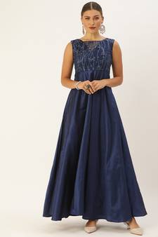 Blue Hand_Embroidery Taffeta Stitched Dori_Embroidery Party-Wear-Gowns