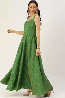 Green Hand_Embroidery Taffeta Stitched Dori_Embroidery Party-Wear-Gowns