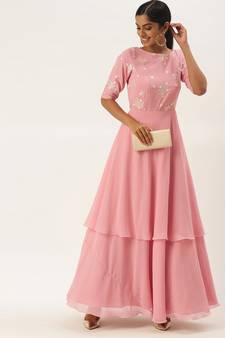 Pink Sequins Georgette Stitched Sequins_Work Party-Wear-Gowns