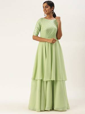 Green Sequins Georgette Stitched Sequins_Work Party-Wear-Gowns 1