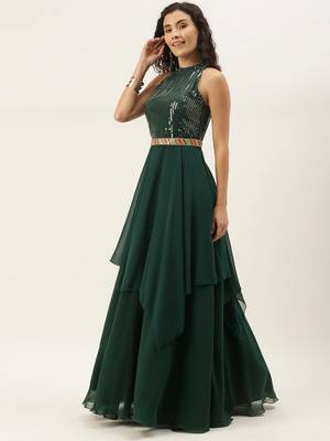 Green Sequins Georgette Stitched Sequins_Work Party-Wear-Gowns 1