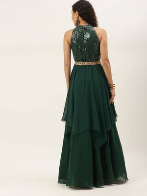 Green Sequins Georgette Stitched Sequins_Work Party-Wear-Gowns 2