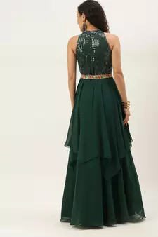 Green Sequins Georgette Stitched Sequins_Work Party-Wear-Gowns