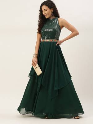 Green Sequins Georgette Stitched Sequins_Work Party-Wear-Gowns 3
