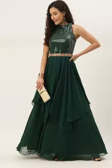 Green Sequins Georgette Stitched Sequins_Work Party-Wear-Gowns
