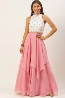 Pink Hand_Embroidery Georgette Stitched Dori_Embroidery Party-Wear-Gowns
