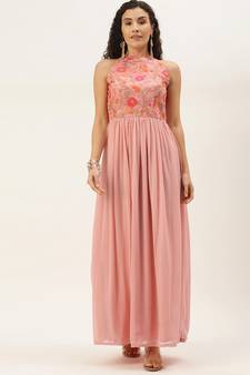 Pink Hand_Embroidery Georgette Stitched Dori_Embroidery Party-Wear-Gowns