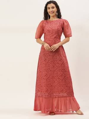 Pink Printed Cotton Stitched Weaving_Print Party-Wear-Gowns 1