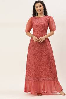 Pink Printed Cotton Stitched Weaving_Print Party-Wear-Gowns