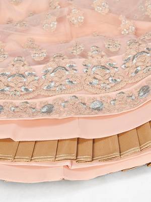 Graceful Peach thread and Zari Embroidered net Semi Stitched Lehenga 5