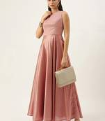 Peach Plain Art_Silk Stitched Weaving_Print Party-Wear-Gowns