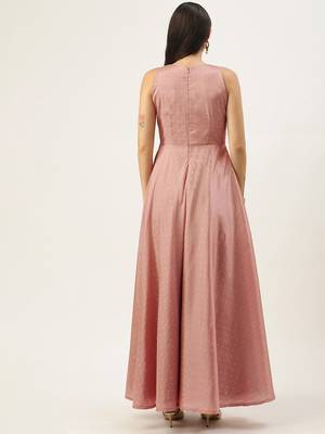 Peach Plain Art_Silk Stitched Weaving_Print Party-Wear-Gowns 2